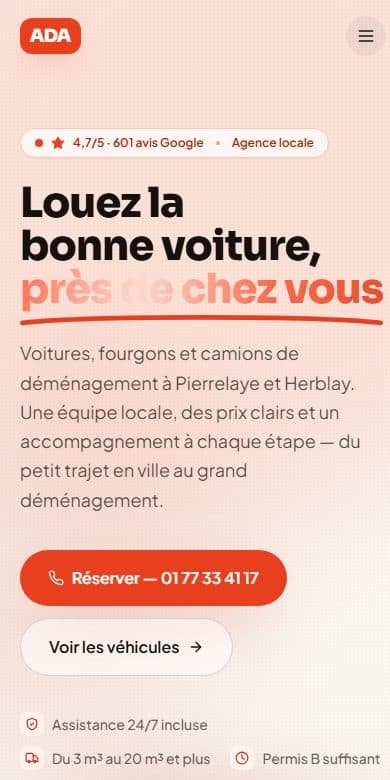 Le site de ADA Pierrelaye, location de véhicules à Pierrelaye, affiché sur un écran de téléphone