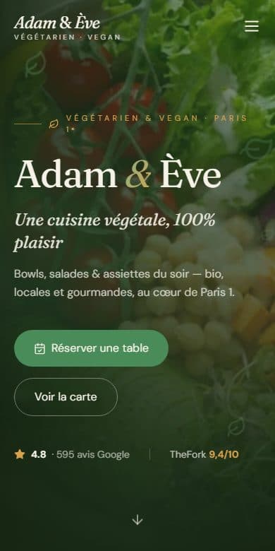 Le site de Adam et Ève, restaurant à Paris, affiché sur un écran de téléphone