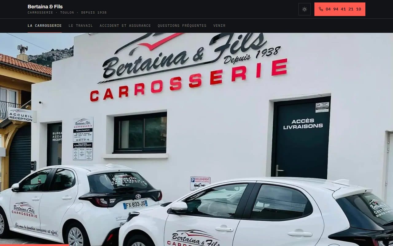 Page d'accueil du site conçu pour Carrosserie Bertaina et Fils, garage à Toulon