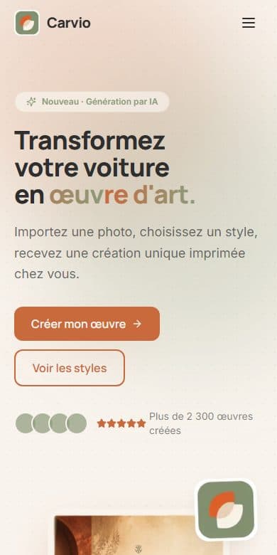 Le site de Carvio, automobile à Île-de-France, affiché sur un écran de téléphone