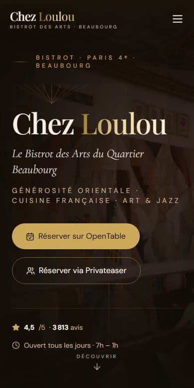 Le site de Chez Loulou, restaurant à Paris, affiché sur un écran de téléphone