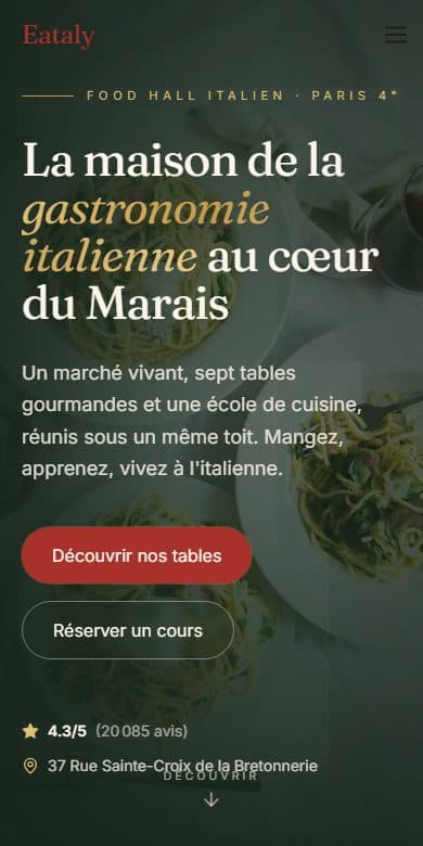 Le site de Eataly Paris Marais, restaurant à Paris 4e, affiché sur un écran de téléphone