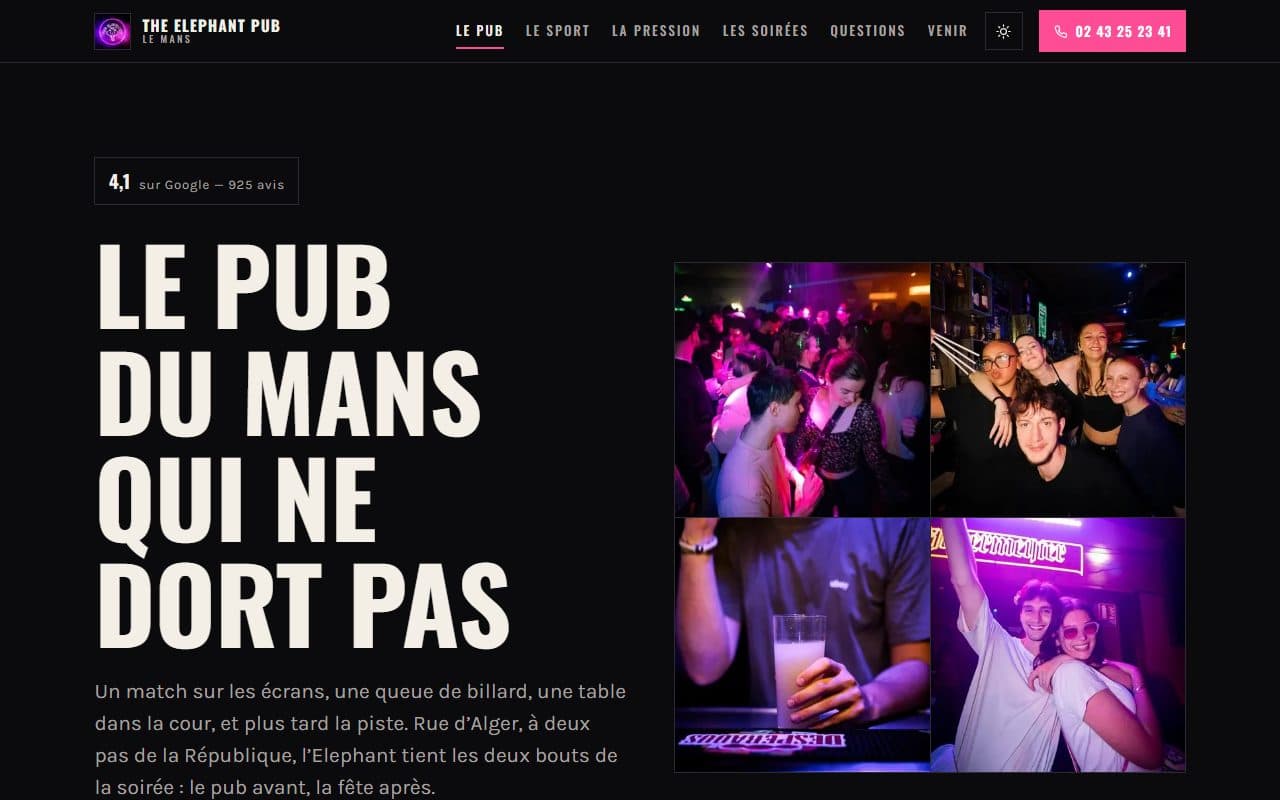 Site internet conçu pour The Elephant Pub, restaurant à Le Mans