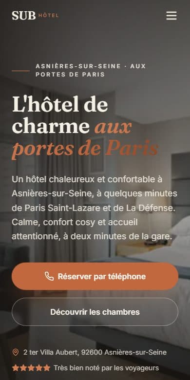 Le site de Hôtel SUB Asnières, hôtel à Asnières-sur-Seine, affiché sur un écran de téléphone