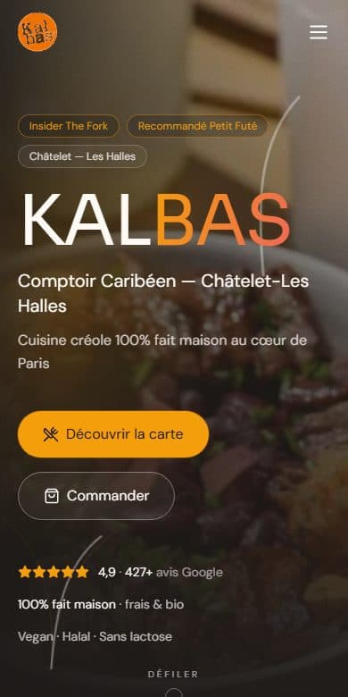 Le site de Kalbas Paris, restaurant à Paris, affiché sur un écran de téléphone