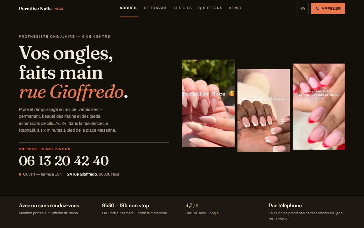 Site internet conçu pour Paradise Nails, institut de beauté à Nice