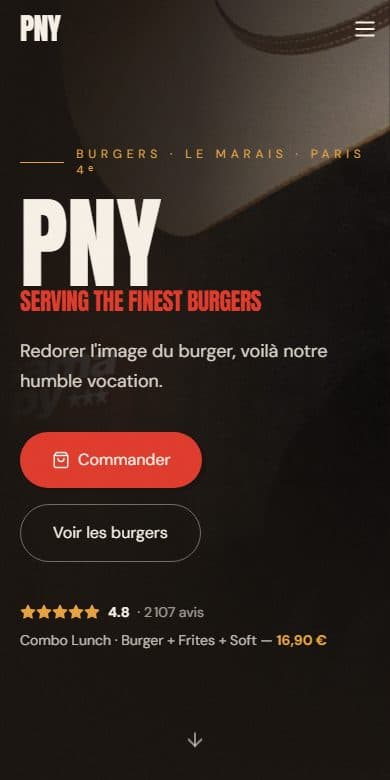 Le site de PNY Marais, restaurant à Paris 3e, affiché sur un écran de téléphone