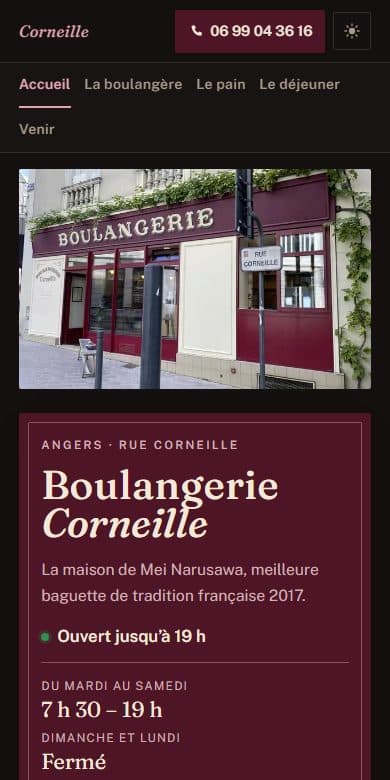 Le site de Boulangerie Corneille, commerce de proximité à Angers, affiché sur un écran de téléphone