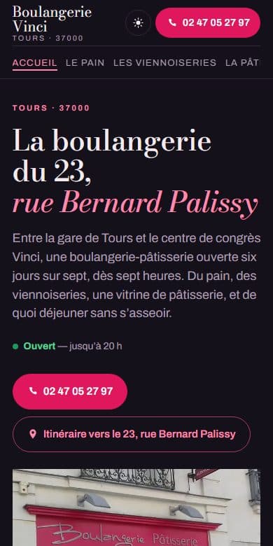 Le site de Boulangerie Pâtisserie Vinci, commerce de proximité à Tours, affiché sur un écran de téléphone