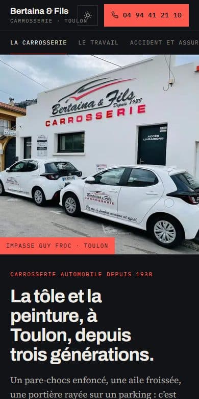 Le site de Carrosserie Bertaina et Fils, garage à Toulon, affiché sur un écran de téléphone