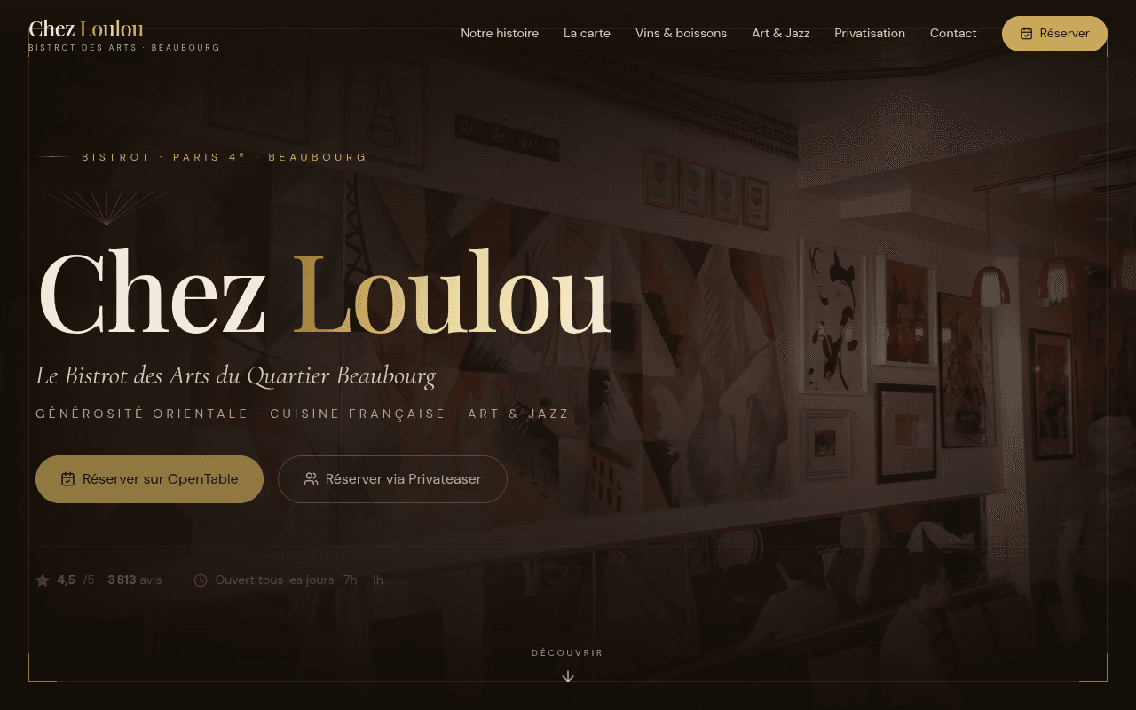 Site internet réalisé pour Chez Loulou, restaurant à Paris