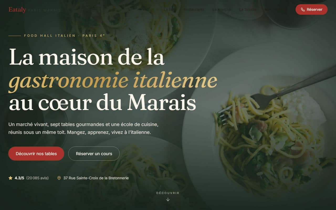 Site internet réalisé pour Eataly Paris Marais, restaurant à Paris 4e