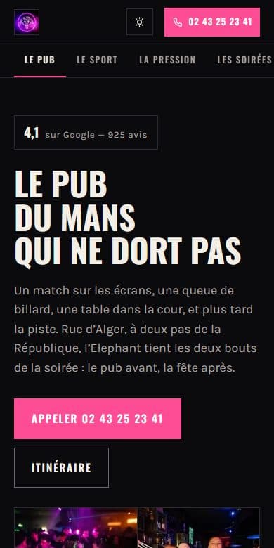 Le site de The Elephant Pub, restaurant à Le Mans, affiché sur un écran de téléphone