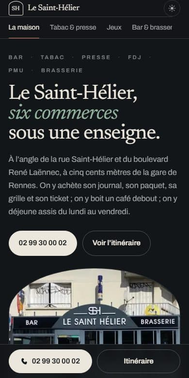 Le site de Bar Tabac Le Saint-Hélier, commerce de proximité à Rennes, affiché sur un écran de téléphone