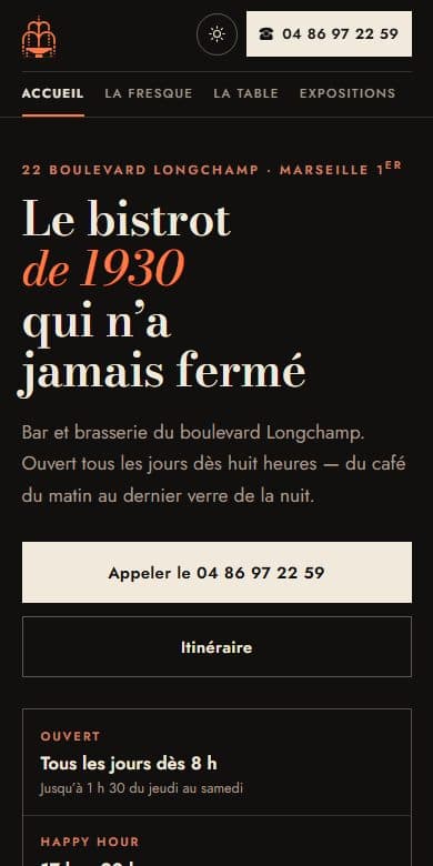 Le site de Longchamp Palace, restaurant à Marseille, affiché sur un écran de téléphone