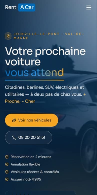 Le site de Rent A Car Joinville, location de véhicules à Joinville-le-Pont, affiché sur un écran de téléphone
