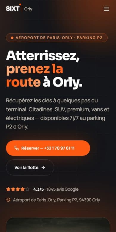 Le site de SIXT Orly, location de véhicules à Orly, affiché sur un écran de téléphone